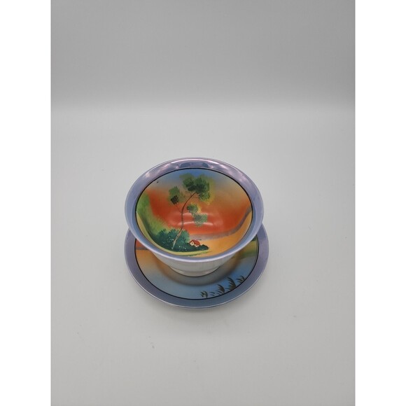 Japan Footed Rice Bowl & Plate Blue Luster Edge Hand Painted Sunset Water House - Picture 1 of 12